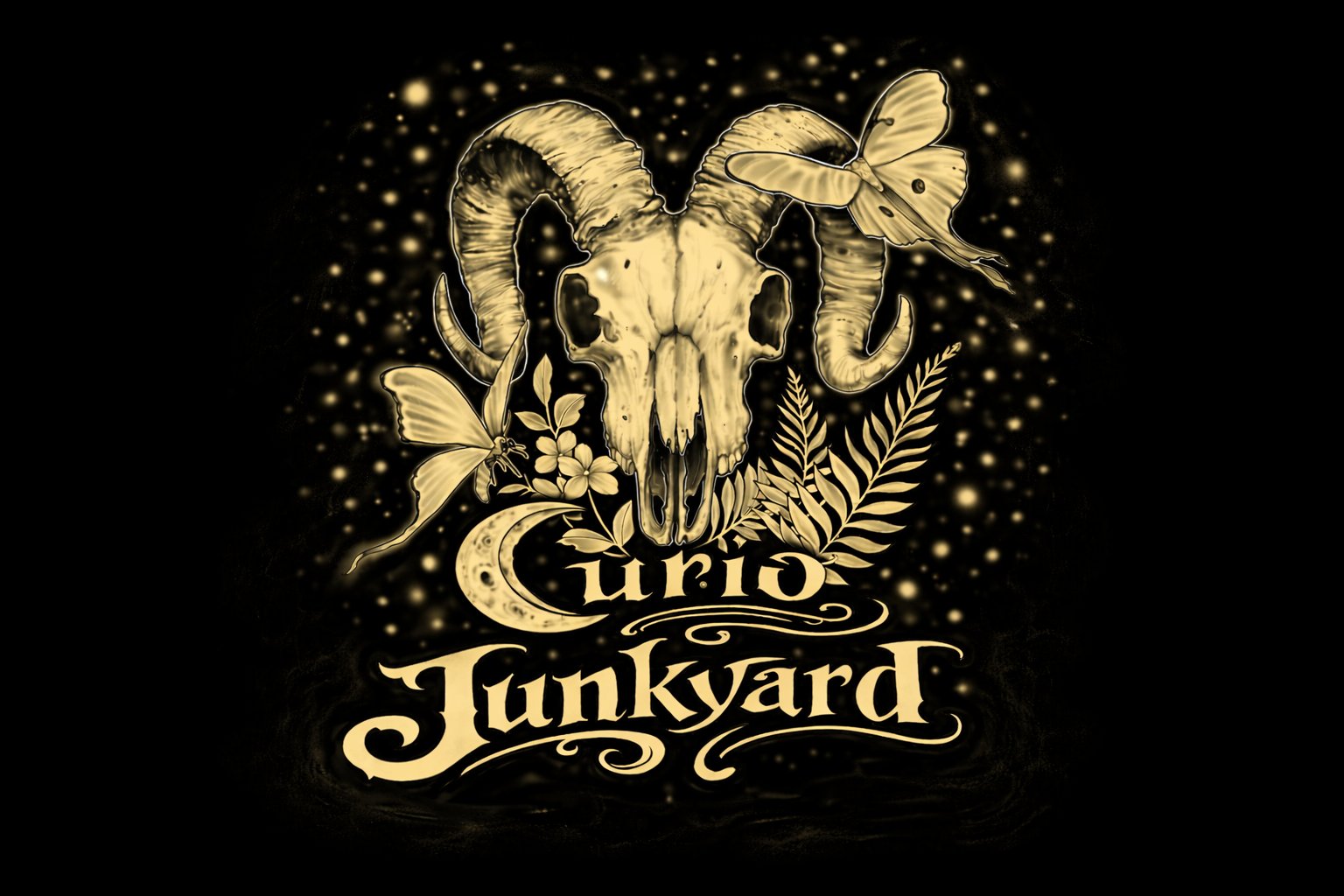 CurioJunkyard — ram skull with moths and botanicals